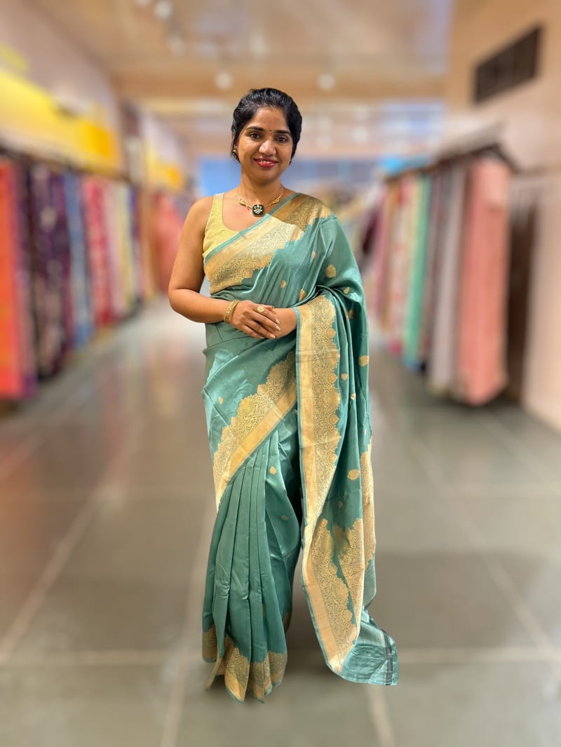 Dusty Blue Poona Silk Saree with double borders