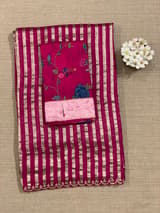 Beetroot Pink Mul tissue stripes saree with fusion blouse : D62138