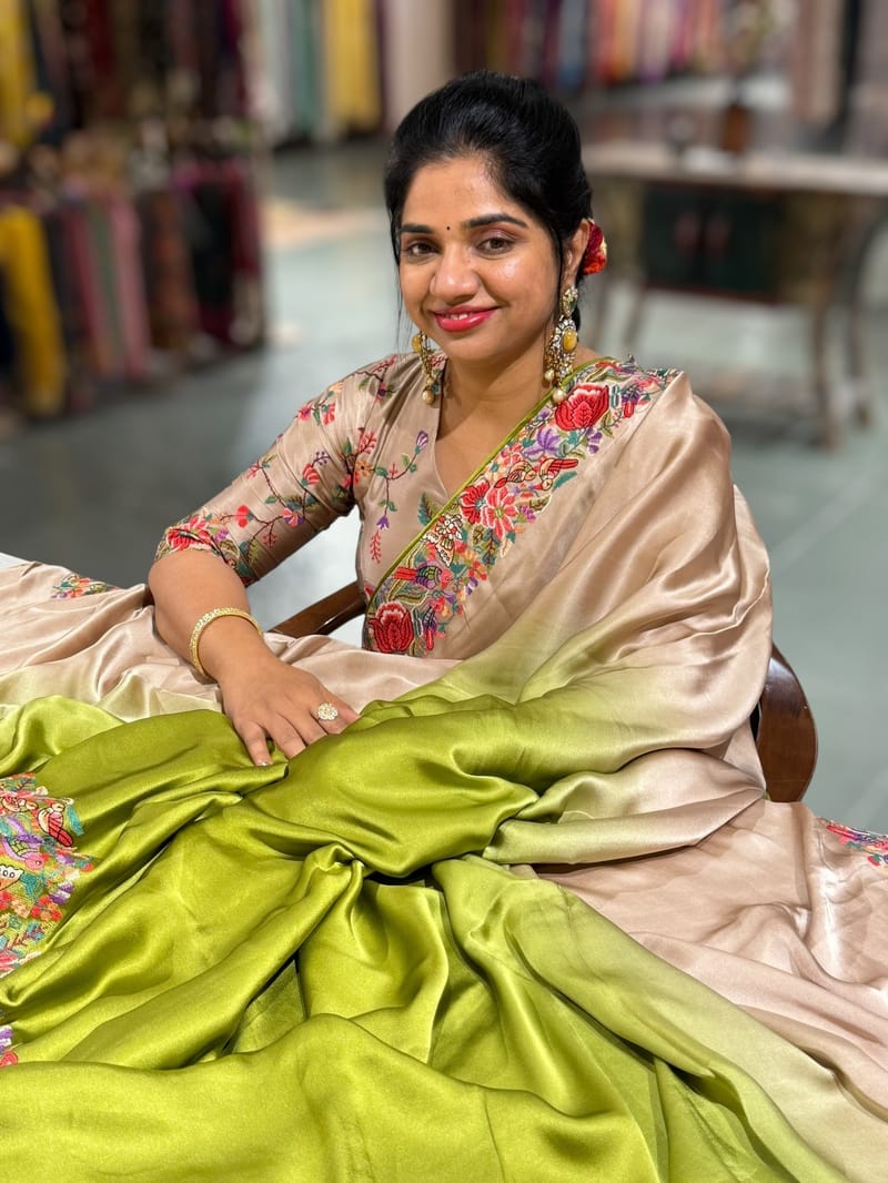 Chickoo & Mustard Pure Satin Ombre Dyed Saree with Petite Point Embroidered Border and blouse.