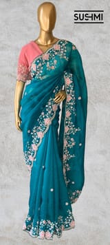 Peacock Green Pure Organza heavy handwork saree