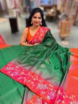 Bottle Green Kanchi Soft Silk Saree with petite point embroidered border SS50131