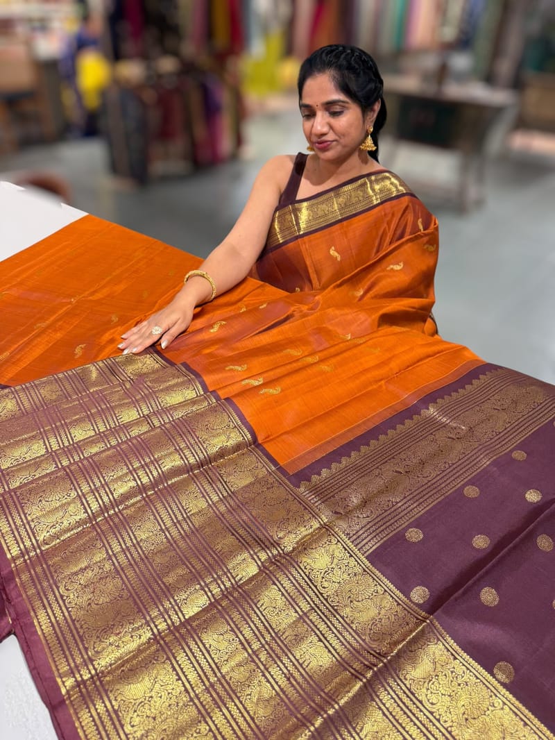 Rust Orange and Winish Brown Vintage Kanchipuram heavy Skirt border Saree SS50176