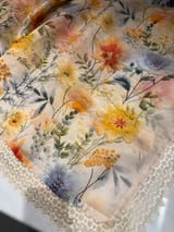 Beige Organza 3D floral Printed Saree hemlined with crotia lace SS50305