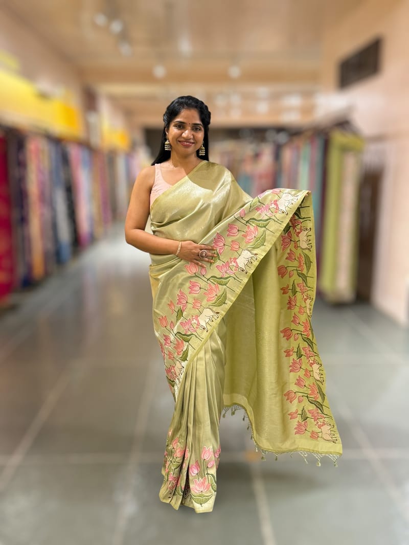 Pista Banarasi Brocade Saree with Pichwai Embroidered Skirt Border. SS5088