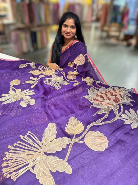 Brinjal Designer Organza with Tissue Applique Work