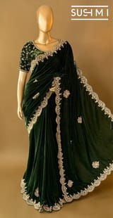Bottle Green Micro Velvet Saree with heavy handwork