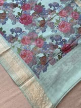 Mint Pure Handloom Chiniya Silk Saree with stunning Floral Print and zari borders SS50102