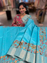 Teal Blue chanderi silk cotton saree with kalamkari applique border SS50529