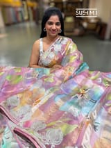 Dusty Pink Printed Organza Tissue stripes saree with embroidery