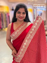 Red Satin Saree with sabyasachi borders : D62F054