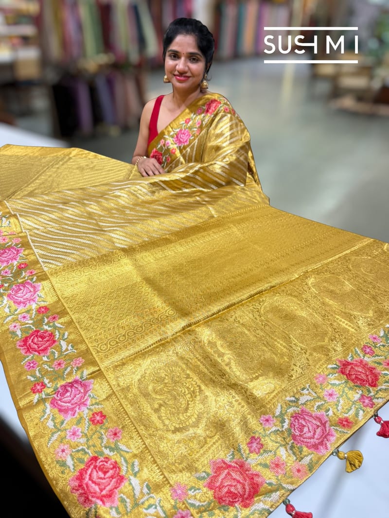 Molten Gold Kanjeevaram Tissue Sareewith petite point embroidery : S62F088