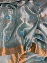 Pastel Blue checks tissue with allover rose embroidery