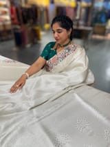 Half White Banarasi  brocade Silk Saree with Petite Point Embroidered Border. SS5086