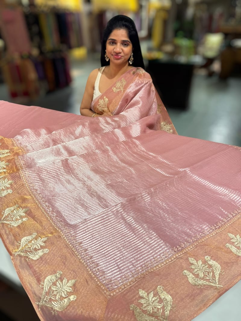 Dusty Pink Kora tissue stripes Saree with embroidery SS50225