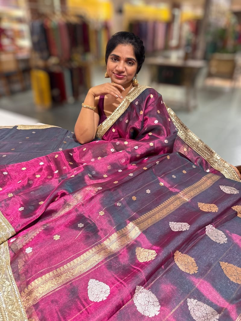 Wine Pure handloom Banarasi Tissue saree