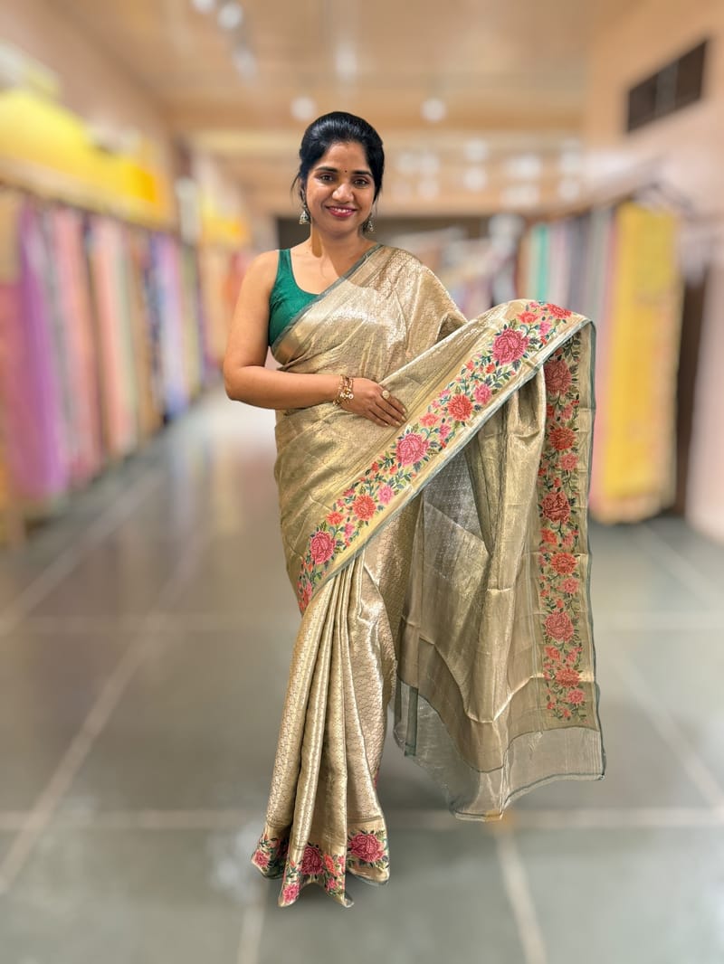 Bottle Green Base Banarasi Tissue Brocade Saree with Petite Point Embroidered Border SS5084