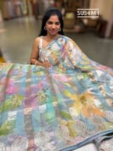 Powder Blue Printed Organza Tissue stripes saree with embroidery