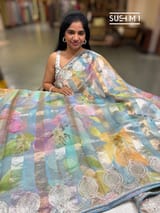 Powder Blue Printed Organza Tissue stripes saree with embroidery