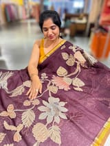 Dark Wine Designer Organza with Tissue applique work