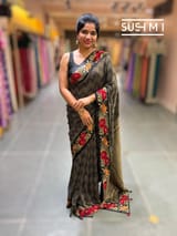 Black mysore silk with embroidered border S62F060