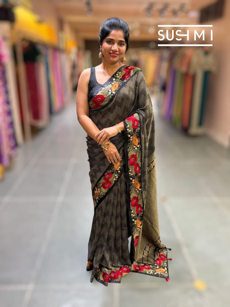 Black mysore silk with embroidered border S62F060
