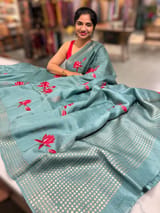 Teal pure handloom tussar byloom saree with lotus embroidered bunch motifs SS50461