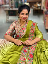 Chickoo & Mustard Pure Satin Ombre Dyed Saree with Petite Point Embroidered Border and blouse.