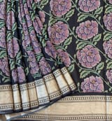 Black Pure Handloom Chiniya Silk Saree with stunning Floral Print and zari borders SS50100