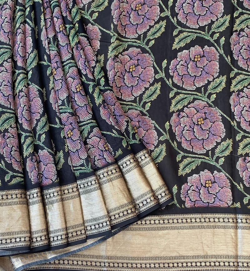 Black Pure Handloom Chiniya Silk Saree with stunning Floral Print and zari borders SS50100