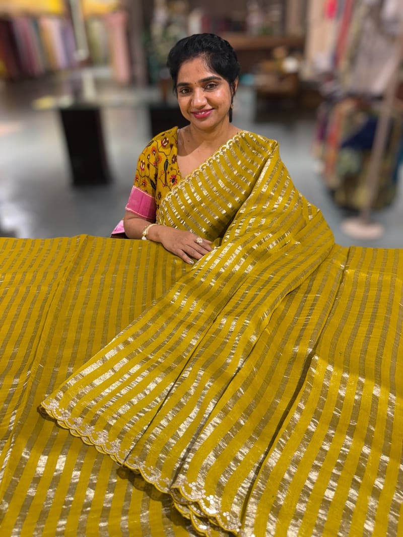Mustard Handloom Mul Tissue Stripes Saree with fusion blouse SS50409