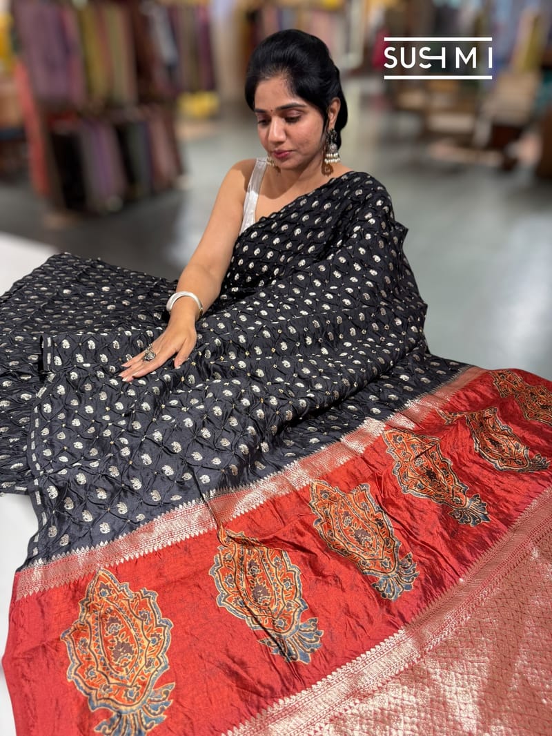 Black Banarasi Bandhej Silk saree : D62F010