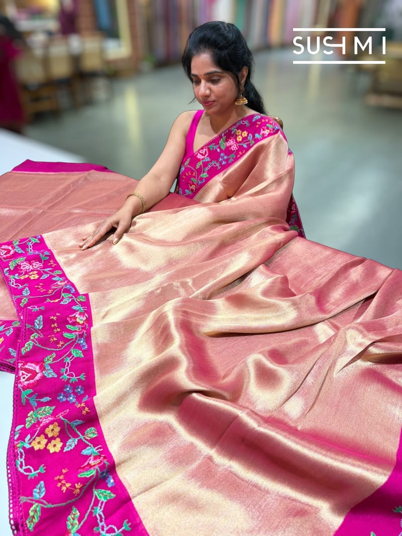 Rose Pink Banarasi Tissue with petite point embroidery: S62F188