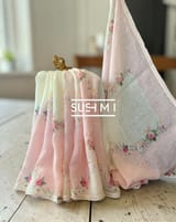 Ombre Dyed Floral Printed Pure Linen Saree