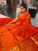 Orange Chanderi Pattu Silk Saree with Tissue allover petite point embroidered blouse SS50601