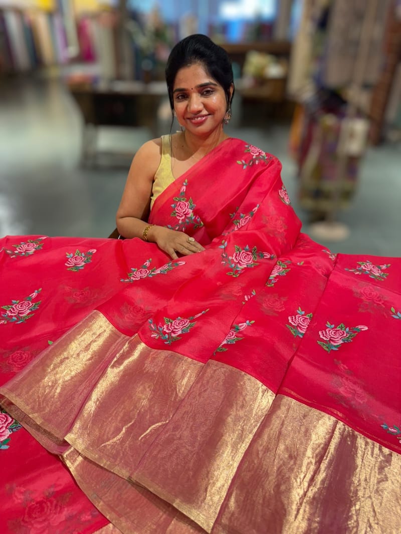 Pinkish Red Organza Saree with pure Tissue Border SS50293