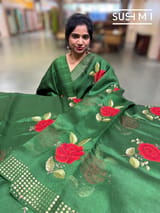 Green Muslin Saree with Pocket Sequins & Hibiscus Embroidery