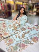 Pastel Blue Pure Organza Applique Work Saree