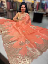 Coral Peach Organza with chantilly Lace embroidery SS50482