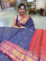 Midnight Blue Vintage Checks Kanjeevaram Saree : S62F118