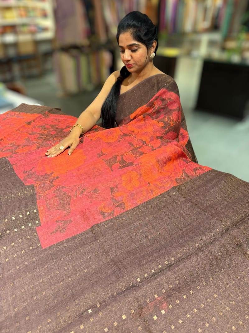Brown Printed Tussar Tissue Saree