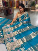 Peacock Blue Kora Tissue Stripes Saree With Jamdani  & Pichwai embroidered Border SS50481