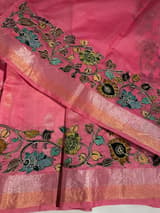 Peach Pink chanderi silk cotton saree with kalamkari applique border SS50530