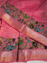 Peach Pink chanderi silk cotton saree with kalamkari applique border SS50530