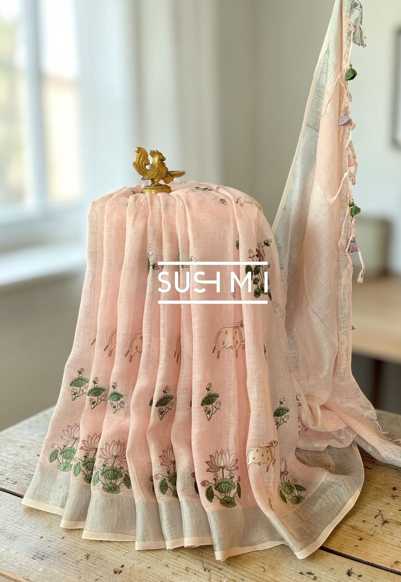 Pure Lenin Saree with pichwai embroidery