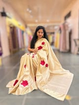 Ivory Kanjeevaram Brocade Saree With Hibiscus Floral bunches embroidery SS50195