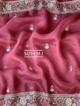 Brick Red Pure Organza Saree with heavy intricate Handwork DSCL044
