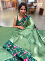 Bottle green Banarasi Tissue with petite point embroidery: S62F185