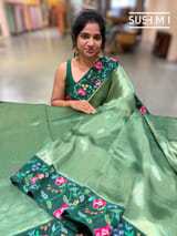 Bottle green Banarasi Tissue with petite point embroidery: S62F185
