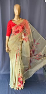 Pastel yellow Designer Organza statement floral printed saree