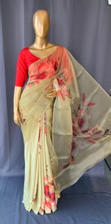 Pastel yellow Designer Organza statement floral printed saree